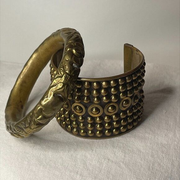 Bangle and cuff pair in antique brass in the boho style, EUC, chunky, geometric - Picture 1 of 12